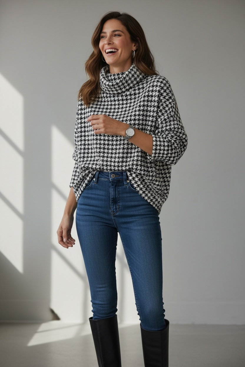 Clair de Lune Houndstooth Kimono Turtleneck