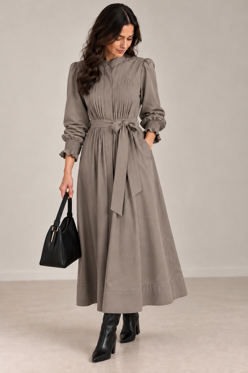 Tencel floor length dress with pintucks and gathered sleeve taupe